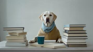 une d'or retriever chien dans une chandail est assis en train d'étudier accompagné par une tasse et piles de livres. génératif ai photo