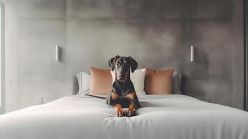 doberman chien mensonge sur lit dans Hôtel avec contemporain intérieur conception. génératif ai photo