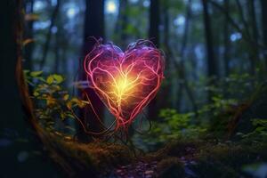 embrasé bioluminescent plante en forme de comme une Humain cœur, dans une mystérieux forêt. génératif ai photo