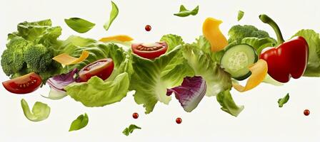 chute légumes, salade de cloche poivre, tomate, et salade feuilles. génératif ai photo