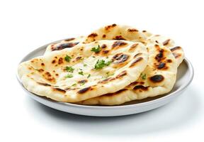 Indien Naan pain avec Ail et beurre, Pita pain sur une blanc Contexte. photo