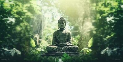 Bouddha dans une vert mystique Contexte photo
