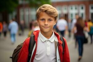 une content enfant dans noir en marchant dans école photo