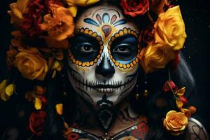 une mexicain femme avec sucre crâne maquillage et fleurs photo