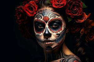 une mexicain femme avec sucre crâne maquillage et fleurs photo