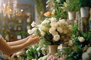 une femme recueille une bouquet dans une fleur magasin. génératif ai technologie. photo