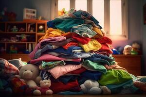 beaucoup de vêtements dans le enfants chambre. génératif ai technologie. photo