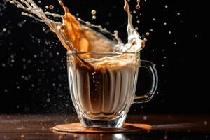 une tasse de café avec Lait sur une foncé Contexte. génératif ai technologie. photo