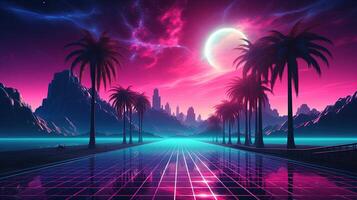 génératif ai, Années 80 rétro futuriste science-fiction., nostalgique années 90. nuit et le coucher du soleil néon couleurs, cyberpunk ancien illustration. soleil, montagnes et palmiers. retrowave vj jeu vidéo paysage. photo