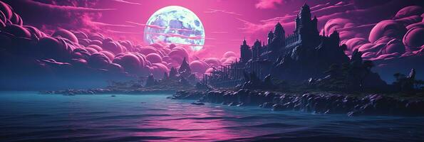 génératif ai, Années 80 rétro futuriste science-fiction., nostalgique années 90. nuit et le coucher du soleil néon couleurs, cyberpunk ancien illustration. soleil, montagnes et palmiers. retrowave vj jeu vidéo paysage. photo