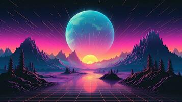 génératif ai, Années 80 rétro futuriste science-fiction., nostalgique années 90. nuit et le coucher du soleil néon couleurs, cyberpunk ancien illustration. soleil, montagnes et palmiers. retrowave vj jeu vidéo paysage. photo