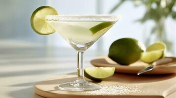 génératif ai, Margarita cocktail sur le table dans le blanc cuisine avec chaux. alcoolique boisson photo