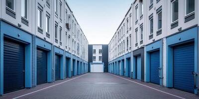 génératif ai, mini coloré métal soi espace de rangement installations de location unités, entrepôt extérieur, industrie garage bâtiment. photo