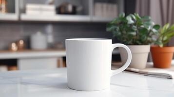 génératif ai, blanc céramique tasse installer dans à Accueil intérieur, agresser moquer en haut blanc. photo