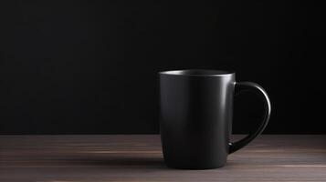 génératif ai, noir céramique tasse installer dans à Accueil intérieur, agresser moquer en haut blanc. photo