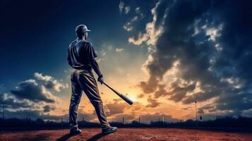 génératif ai, professionnel base-ball joueur en portant chauve souris sur sport stade photo