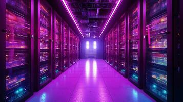 génératif ai, Les données centre, moderne haute La technologie serveur pièce dans violet néon couleurs. moderne télécommunications, nuage l'informatique, artificiel intelligence, base de données. photo