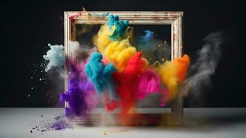 génératif ai, Cadre avec coloré Holi poudre peindre explosion, Créatif éclaboussure, multicolore nuage photo