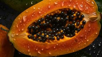 génératif ai, macro Frais moitié de Papaye fruit Contexte. tropical exotique fermer photo avec gouttes