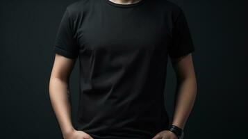 génératif ai, réaliste noir T-shirt moquer en haut Vide mettre sur Jeune homme, fond pour présentation publicité. Vide affaires concept photo