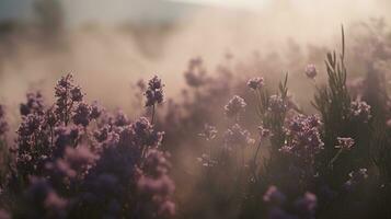 génératif ai, proche en haut croissance lavande champ avec parfum fumée, floraison lavande, rose violet fleurs et herbe. photo