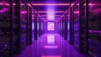 génératif ai, Les données centre, moderne haute La technologie serveur pièce dans violet néon couleurs. moderne télécommunications, nuage l'informatique, artificiel intelligence, base de données. photo