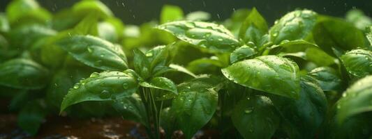 Frais sucré basilic plante avec vert feuilles avec pluie gouttes de l'eau. Frais herbes pour cuisson, utilisé dans cuisines mondial. santé alimentaire. bannière. génératif ai. photo
