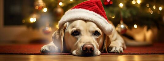 de bonne humeur Labrador dans Père Noël chapeau pose contre hiver neige Contexte Extérieur. joyeux Noël et content Nouveau an. génératif ai photo