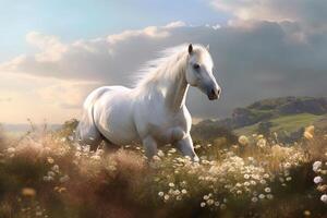 blanc cheval permanent sur une herbe Prairie sur été coucher de soleil, établi avec génératif ai La technologie photo