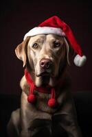 de bonne humeur marron Labrador dans Père Noël chapeau pose contre noir Contexte. joyeux Noël et content Nouveau an. génératif ai photo