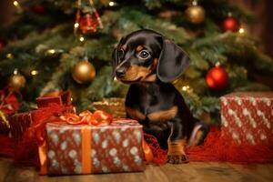 chien près Noël arbre à maison. de bonne humeur teckel chiot posant contre Noël Contexte. génératif ai. photo