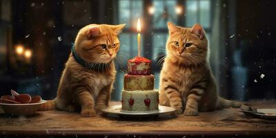 génératif ai, chat anniversaire faire la fête, gâteau avec une bougies photo