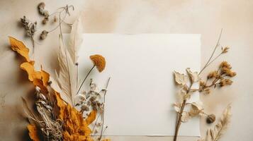 génératif ai, bohémien blanc Vide feuille papier entouré par Naturel séché feuilles et végétaux, affiche moquer en haut photo