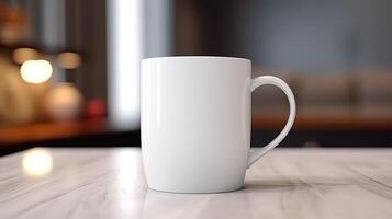 génératif ai, blanc céramique tasse installer dans à Accueil intérieur, agresser moquer en haut blanc.. photo