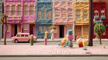 génératif ai, mignonne rue fabriqué de crocheter, Maisons, des arbres, route, voitures. doux couleurs, rêveur scène paysage urbain fabriqué de crochet matériaux, laine, tissu, fil, couture pour Contexte photo