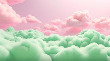 génératif ai, rose et vert fantastique 3d des nuages sur le sol, ciel et paysage. doux couleurs et avec brillant lumières. photo