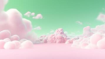 génératif ai, rose et vert fantastique 3d des nuages sur le sol, ciel et paysage. doux couleurs et avec brillant lumières. photo