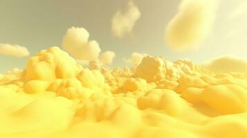 génératif ai, lumière Jaune fantastique 3d des nuages sur le sol, ciel et paysage. doux couleurs et avec brillant lumières. photo