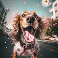 génératif ai, portrait de une content chien à la recherche à le caméra avec bouche ouvert sur rose Contexte photo