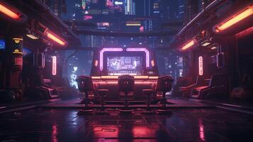 génératif ai, cyberpunk style Jeu bar ou café. nuit scène de gros ville, futuriste nostalgique années 80, années 90. néon lumières vibrant couleurs, photoréaliste horizontal illustration. photo