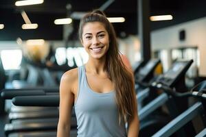 souriant femme, aptitude et les pouces en haut à santé, faire des exercices et formation à vivre un actif, bien-être et en bonne santé mode de vie avec salle de sport. personnel entraîneur. ai généré photo