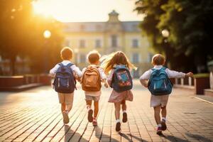 élémentaire école des gamins de derrière avec sacs à dos en cours d'exécution. ai généré photo