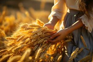 femme détient un oreille de d'or blé. rural scène. génératif ai photo