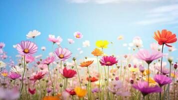 la nature floral Contexte dans de bonne heure été. coloré Naturel printemps paysage avec avec fleurs, doux sélectif se concentrer, génératif ai illustration photo