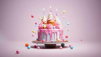 3d illustration de mignonne anniversaire gâteau, sucré gâteau pour une surprise anniversaire, pour anniversaire et fête ,mère jour, Valentin jour, sucré nourriture, petit gâteau, génératif ai illustration photo