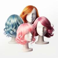 cheveux perruque plus de le Plastique mannequin tête isolé plus de le blanc arrière-plan, maquette avec contemporain aux femmes coiffures, génératif ai illustration photo