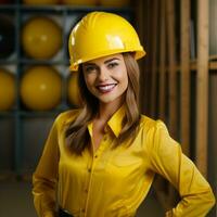 magnifique femelle construction ouvrier portant une Jaune casque, photo