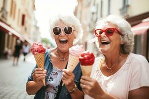 femmes ayant amusement et ayant la glace crème cônes dans le ville rue, dans le style de grandparentcore photo