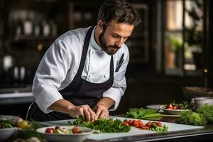 français chef en train de préparer une gourmet repas dans une restaurant photo avec vide espace pour texte