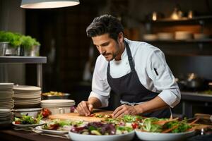 français chef en train de préparer une gourmet repas dans une restaurant photo avec vide espace pour texte